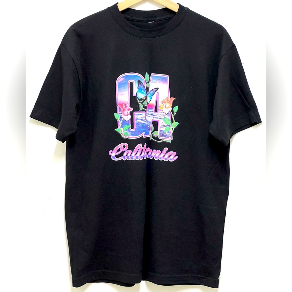 Men's Black Cotton T-Shirt California Roses Butterfly Graphic Print Size L